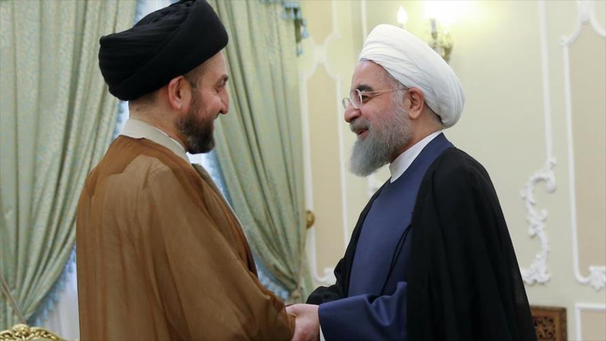 Reunión entre el presidente iraní, Hasan Rohani (d), y el presidente de la Asamblea Suprema Islámica de Irak, Seyed Amar al-Hakim, 4 de julio de 2017.