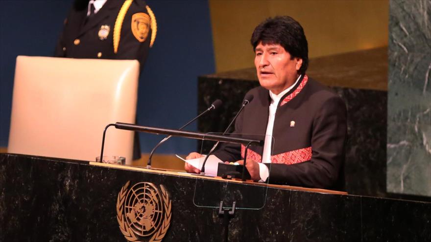 El presidente de Bolivia, Evo Morales, habla en la Asamblea General de la ONU, 19 de septiembre de 2017.