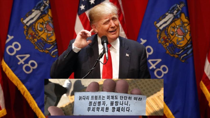 Un folleto encontrado en Seúl (la capital surcoreana) con frases insultantes contra el presidente de EE.UU., Donald Trump. 