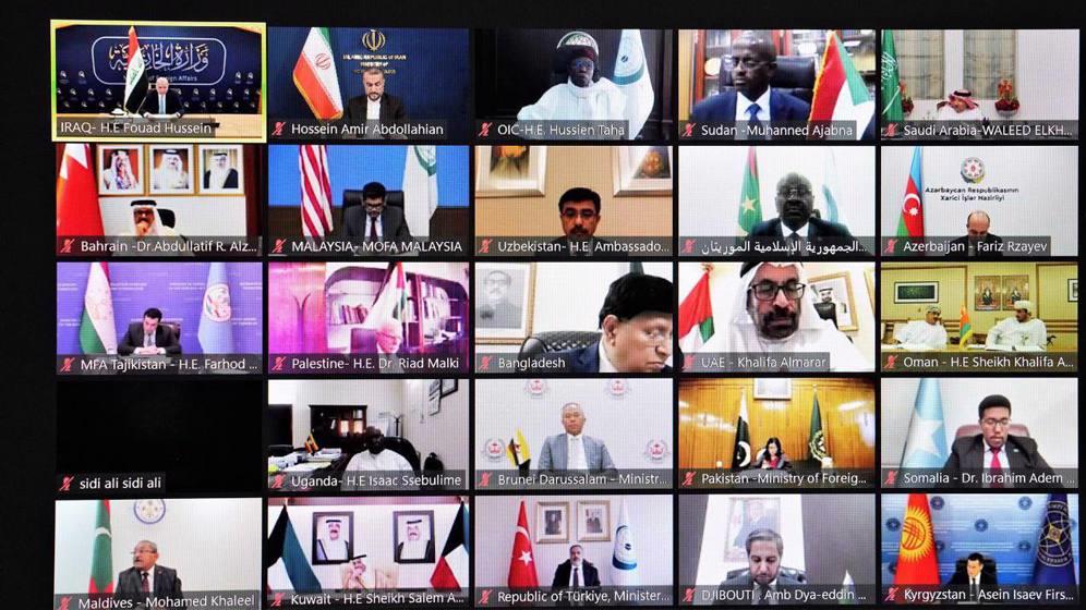 La reunión virtual de los cancilleres de los estados miembros de la OCI sobre las profanaciones del Corán en Europa, 31 de julio de 2023.