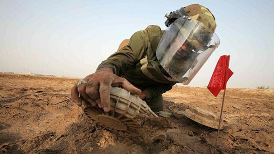 Un experto iraní está desactivando un campo minado durante la guerra impuesta por el país árabe a Irán (1980-1988)