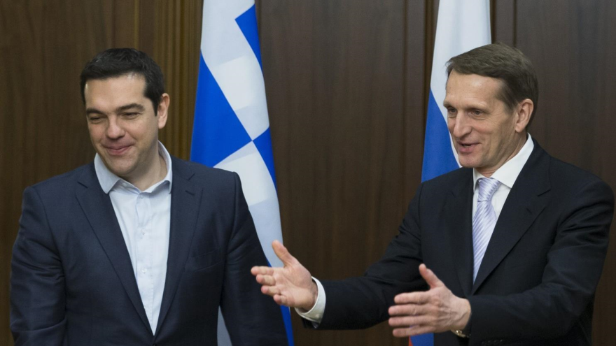 El premier griego, Alexis Tsipras (izquierda) y el presidente de la Duma rusa, Serguei Naryshkin. 9 de abril de 2015