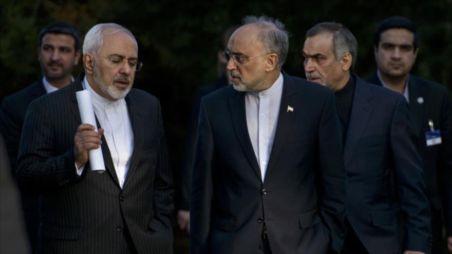 El ministro de Exteriores iraní, Mohamad Yavad Zarif, habla con el jefe de la Organización de Energía Atómica de Irán (OEAI), Ali Akbar Salehi