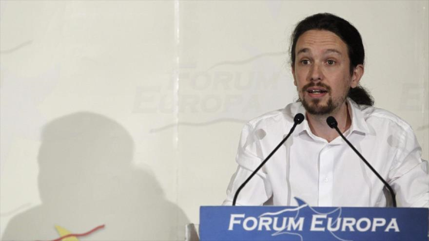 El líder del Partido político Podemos, Pablo Iglesias durante su intervención en el Fórum Europa, 13 de abril de 2015