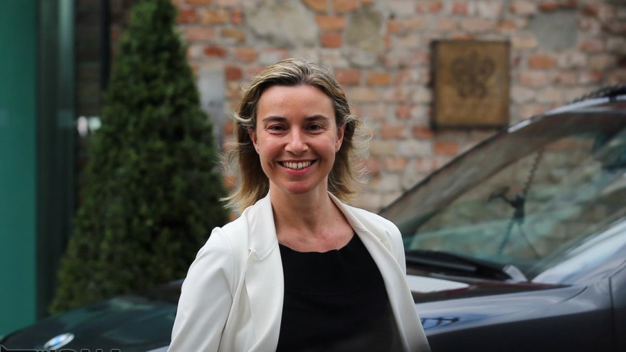 Federica Mogherini, alta representante de la Unión Europea (UE) al llegar al hotel donde se desarrollan los diálogos nucleares Irán-G5+1, Viena, capital de Austria, 28 de junio de 2015.