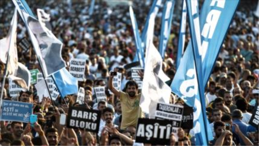 Manifestantes mantienen pancartas con lemas de “paz” en distintos idiomas durante una concentración en Estambul, 9 de agosto de 2015.
