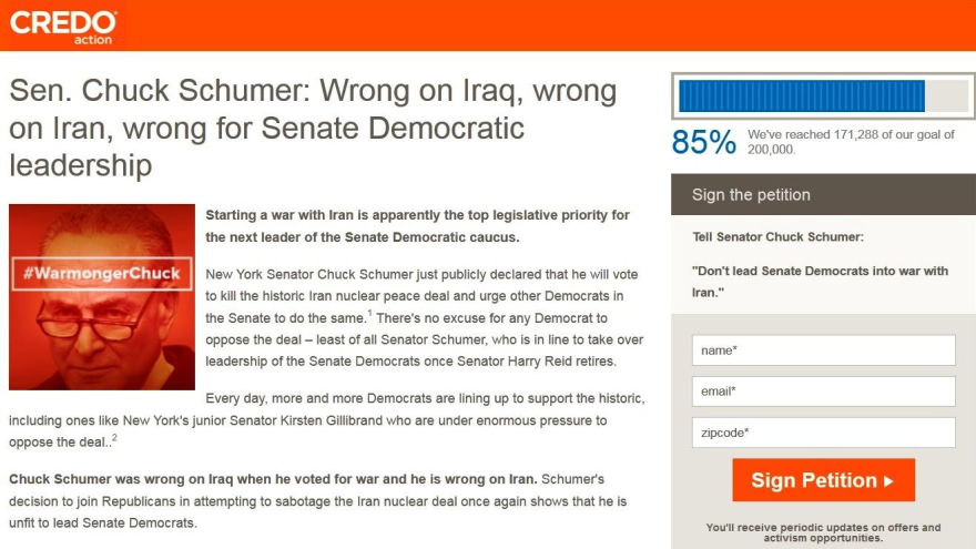 Petición de CREDO Action en contra de la oposición del senador demócrata Chuck Schumer, al acuerdo nuclear con Irán.
