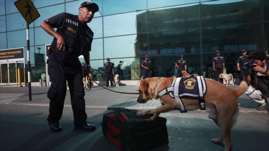 La Policía Antidrogas revisa una maleta en el Aeropuerto Internacional Jorge Chávez.