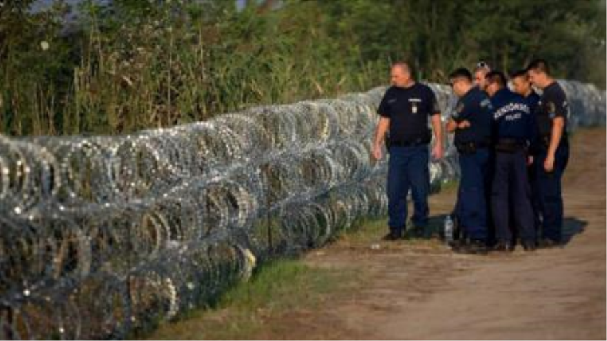 Policías húngaros inspeccionan la alambrada de púas que marca la frontera con Serbia en Rözske (sur), 29 de agosto de 2015.