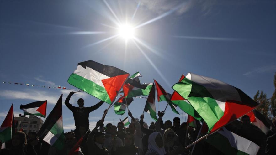 Palestinos ondean su bandera en una marcha en los territorios ocupados palestinos.