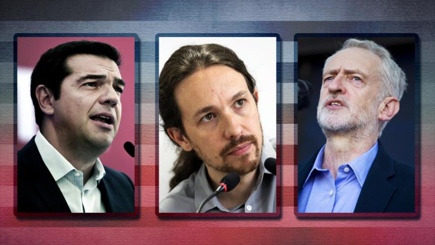 De izquierda a derecha: Líder del partido Syriza de Grecia, Alexis Tsipras; secretario general del partido Podemos de España, Pablo Iglesias y líder el Partido Laborista del Reino Unido, Jeremy Corbyn.