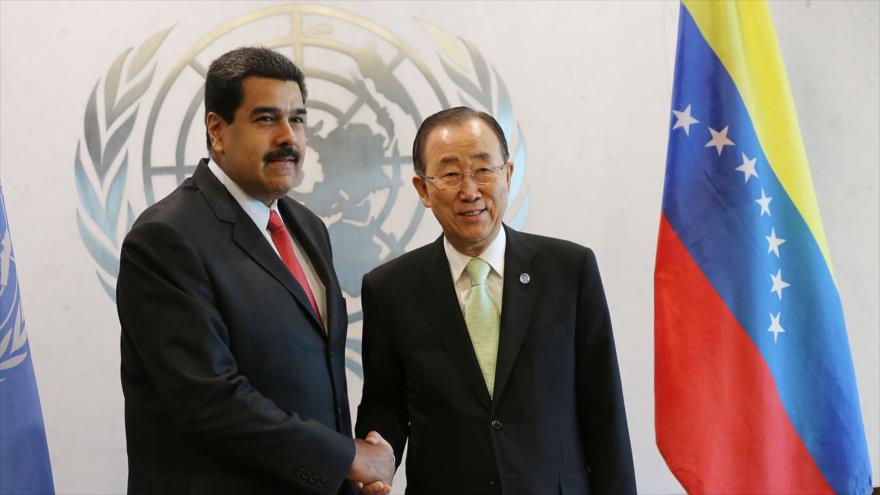 El secretario general de las Naciones Unidas, Ban Ki-moon, reunido con el presidente venezolano, Nicolás Maduro.