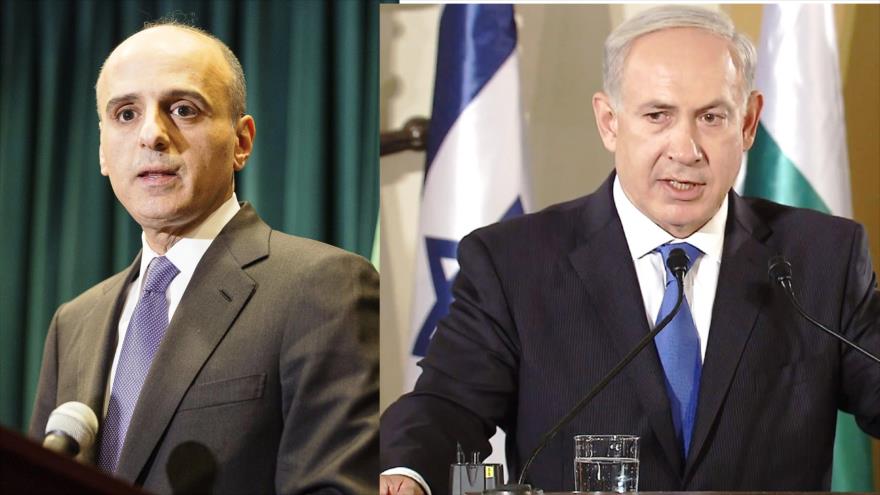 El primer ministro israelí, Benyamin Netanyahu (decha), el canciller saudí, Adel al-Yubeir.
