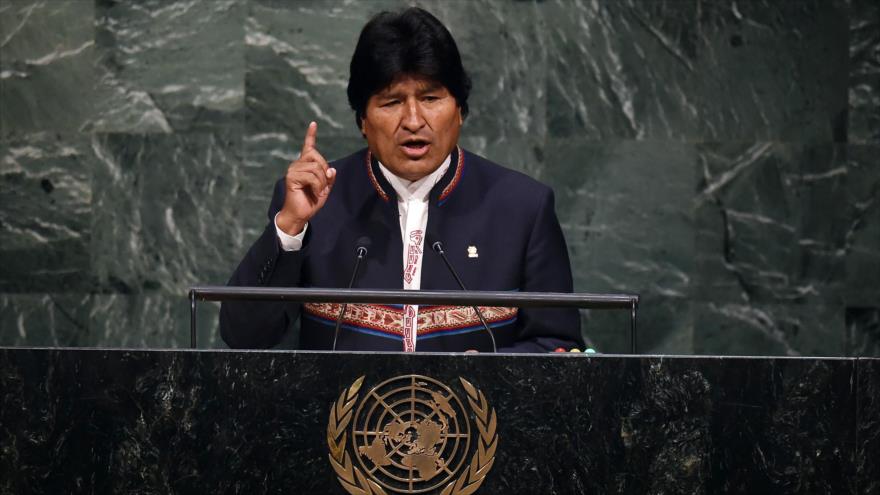 El presidente de Bolivia, Evo Morales, durante su discurso ante la Organización de las naciones Unidas, 25 de septiembre de 2015.