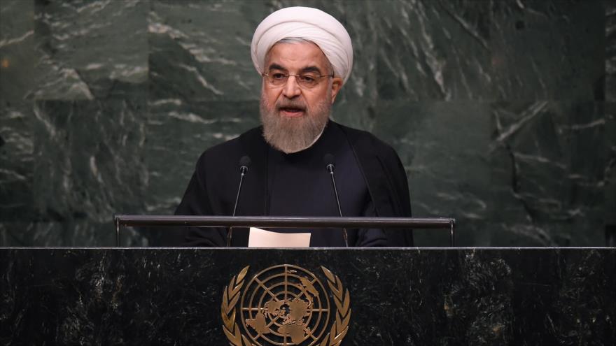 El presidente iraní, Hasan Rohani, ofrece discurso ante la Cumbre de Desarrollo Sostenible de las Naciones Unidas, 26 de septiembre de 2015, Nueva York (EEUU).