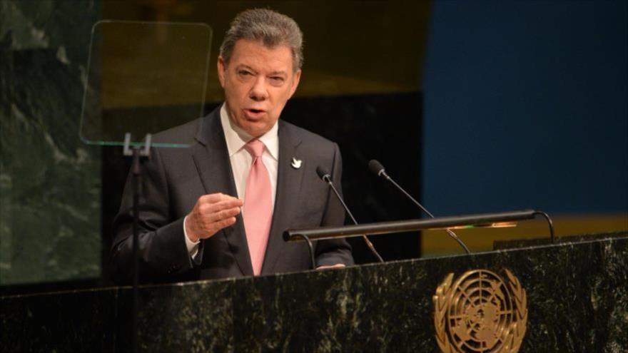 El presidente de Colombia, Juan Manuel Santos, durante su participación en la 70ª Asamblea General de las Naciones Unidas (AGNU) en Nueva York, EE.UU, 25 de septiembre de 2015.