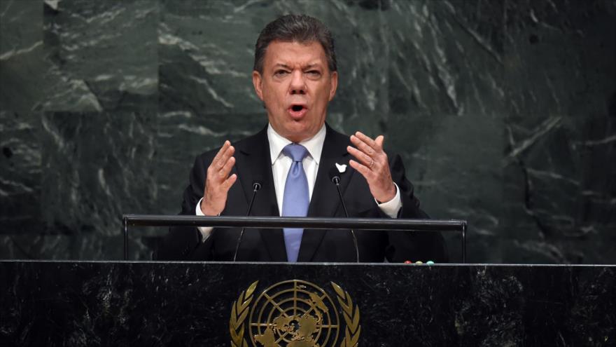 El presidente de Colombia, Juan Manuel Santos, ofrece discurso ante la Asamblea General de las Naciones Unidas en Nueva York (EE.UU.). 29 de septiembre de 2015