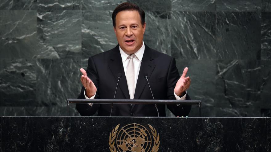 El presidente de Panamá, Juan Carlos Varela, durante su discurso en la 70ª sesión de la Asamblea General de las Naciones Unidas (AGNU). 30 de septiembre de 2015.