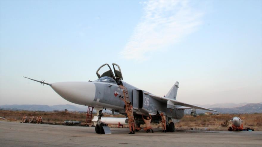 Caza ruso Sujoi en una base aérea cerca de la ciudad siria de Latakia.