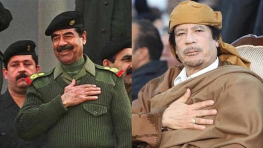 Exdictadores de Libia Muamar Gadafi (drcha) y de Irak Saddam Husein.