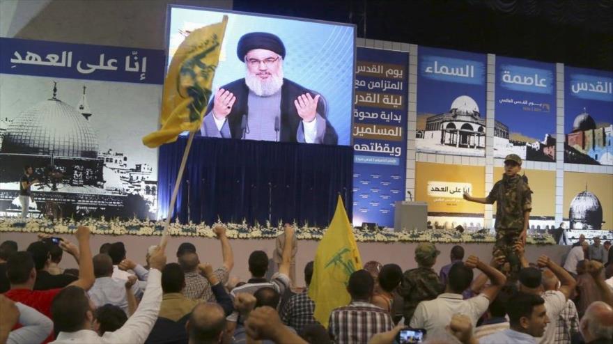 El secretario general de la Resistencia Islámica de El Líbano (Hezbolá), Seyed Hasan Nasrolá, ofrece un discurso televisado.