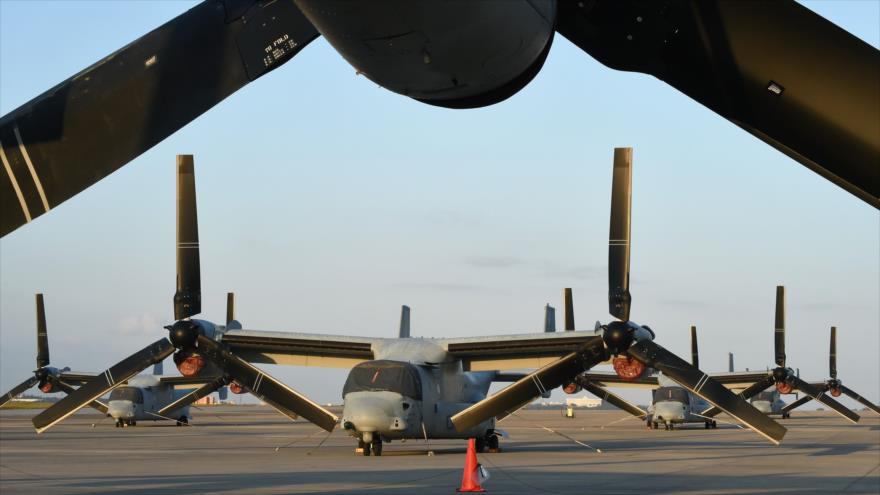 Aviones Osprey en la estadounidense base aérea del Cuerpo de Marines de Futenma ubicada en Ginowan, en la isla sureña de Okinawa de Japón.