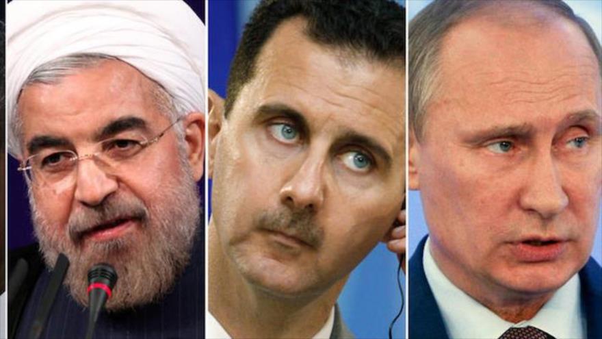 De izquierda: Los presidentes de Irán, Siria y Rusia, Hasan Rohani, Bashar al-Asad y Vladimir Putin, respectivamente.