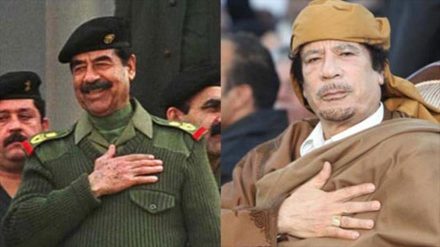 Exdictadores de Irak y Libia, Saddam Husein (izquierda) y Muamar Gadafi.
