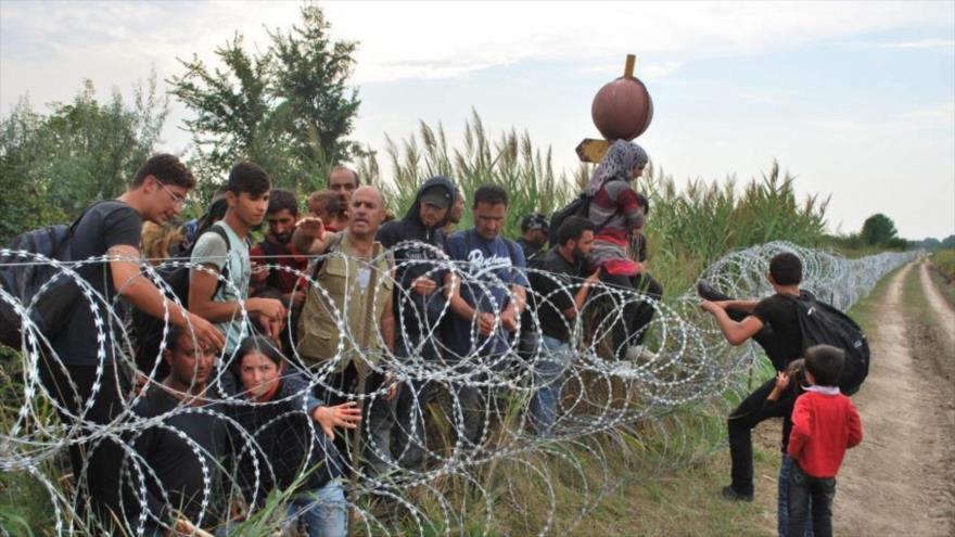 Refugiados sirios intentan saltar la alambrada de la frontera entre Hungría y Serbia en Röszke.
