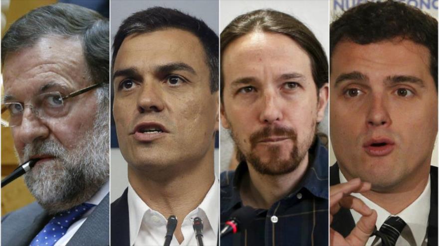 Los principales dirigentes de los partidos políticos españoles, (desde izquierda): Mariano Rajoy (presidente del Gobierno) del PP, Pedro Sánchez del PSOE, Pablo Iglesias de Podemos y Albert Rivera de Ciudadanos.