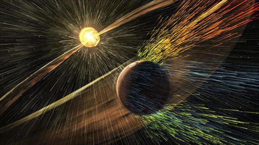 Ilustración de cómo el viento solar impacta la atmósfera de Marte.