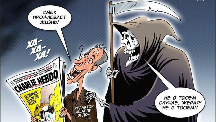 Viñeta realizada por artistas rusos en respuesta a las burlas de la revista francesa Charlie Hebdo sobre el siniestro del Airbus A-321 de Rusia, 12 de noviembre de 2015