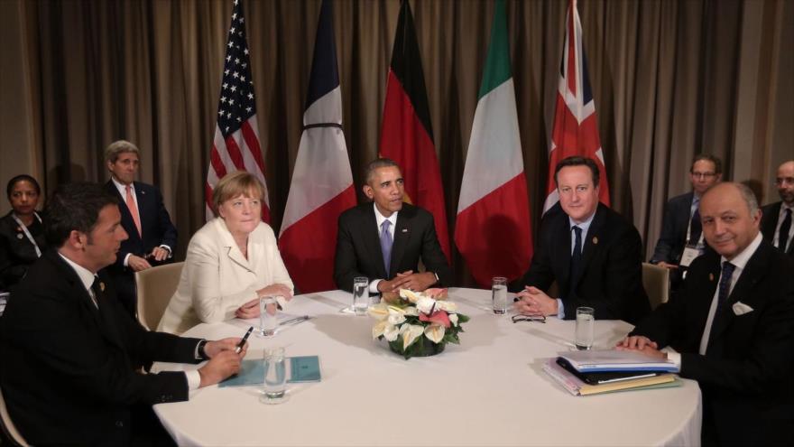 Los líderes occidentales reunidos en el marco de la cumbre de G20 en Turquía (de izqda. a dcha.): el primer ministro italiano, Matteo Renzi, la canciller alemana, Angela Merkel, el presidente estadounidense, Barack Obama, el primer ministro británico David Cameron y el ministro de Exteriores francés, Laurent Fabius.