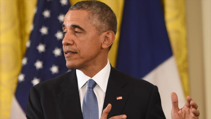 El presidente de Estados Unidos, Barack Obama, durante su rueda de prensa conjunta con su homólogo francés, François Hollande, en Washington, capital de Estados Unidos, 24 de noviembre de 2015.