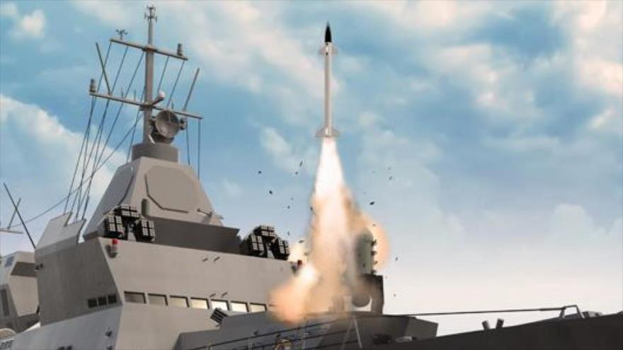 Lanzamiento de un misil superficie-aire Barak 8 por la marina del régimen israelí durante una prueba.
