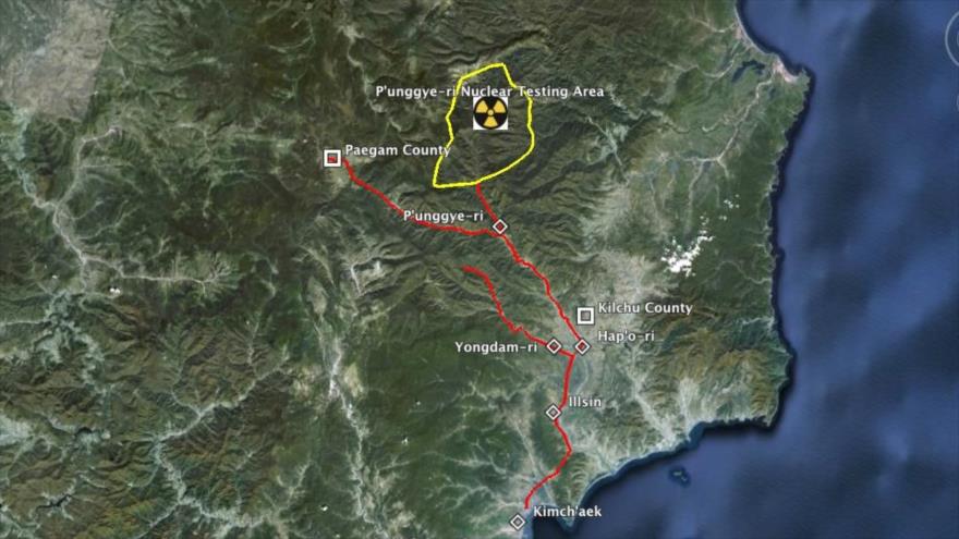 Imagen satelital del centro nuclear de Punggye-ri , noreste de Corea del Norte.