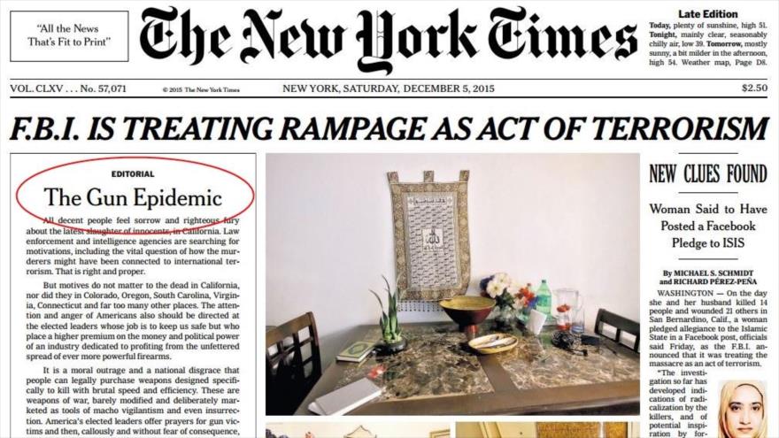 La portada del diario New York Times, edición de 5 de diciembre de 2015.