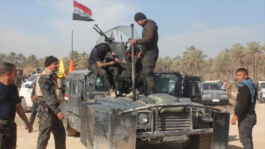 Soldados y fuerzas populares iraquíes en la ciudad de Muqtadiyah, en la provincia oriental de Diyala. 