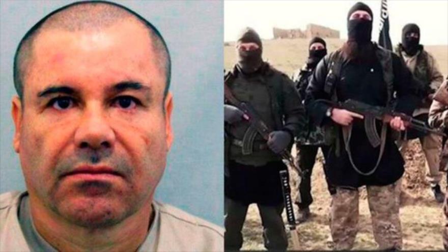 El narcotraficante mexicano Joaquín ‘El Chapo’ Guzmán (izda.), integrantes del grupo terrorista EIIL (Daesh en árabe).