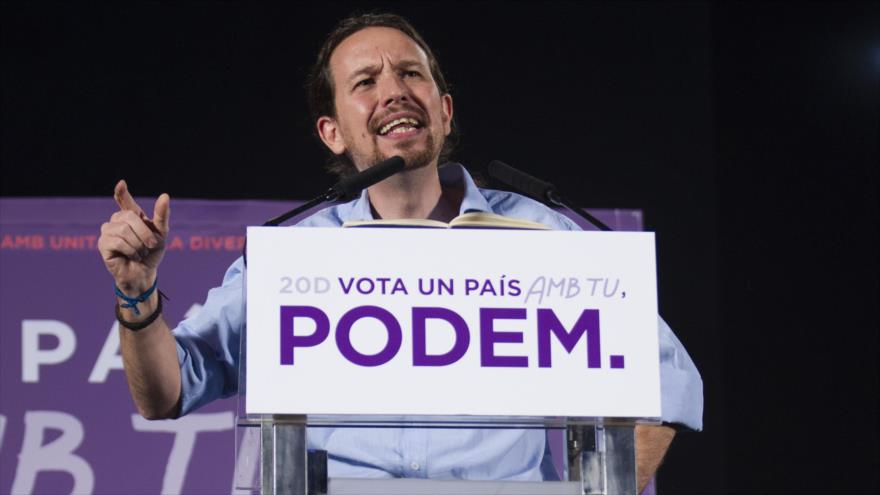 Pablo Iglesias, candidato del partido Podemos a la Presidencia del Gobierno de España, en un mitin celebrado en Madrid. 13 de diciembre de 2015