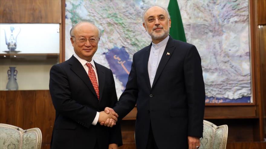 El jefe de la Organización de la Energía Atómica de Irán (OEAI), Ali Akbar Salehi (dcha.), reunido con el director general de la AIEA, Yukiya Amano en Teherán, capital iraní. 20 de septiembre de 2015