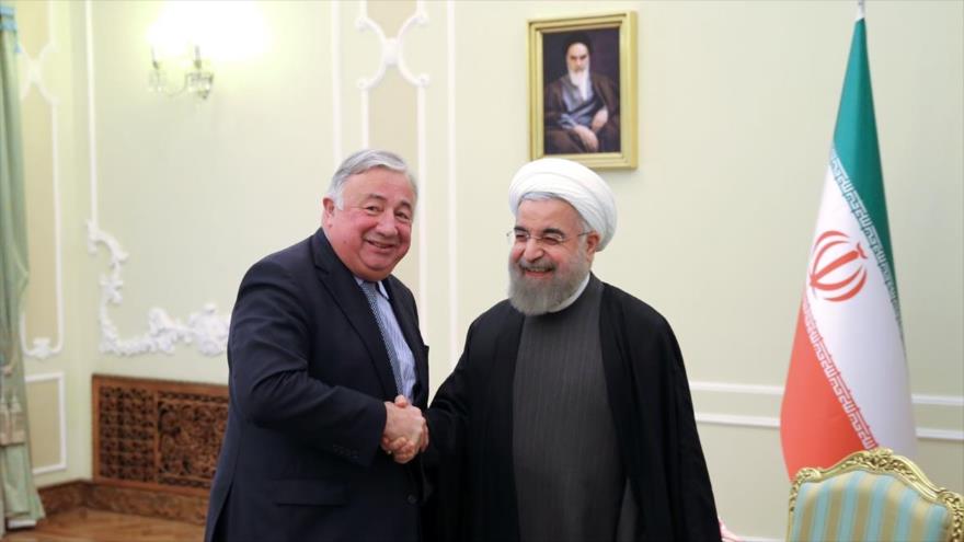 El presidente de Irán, Hasan Rohani, se reúne con el presidente del Senado francés, Gerard Larcher, en Teherán, capital iraní, 20 de diciembre de 2015.