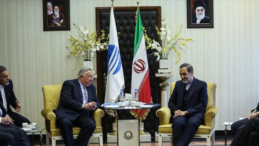 Ali Akbar Velayati, director del Centro de Estudios Estratégicos del Consejo del Discernimiento del Sistema de la República Islámica de Irán (dcha.), reunido con el presidente del Senado francés, Gerard Larcher, en Teherán, capital persa. 20 de diciembre de 2015