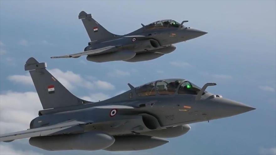 Aviones de combate modelo Rafale de la Fuerza Armada de Egipto, fabricado por la compañía francesa Dassault Aviation.