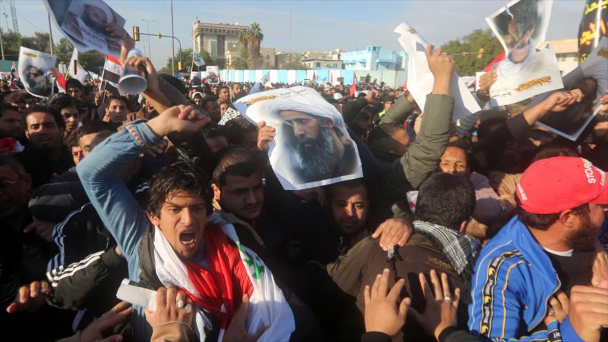 Una protesta celebrada en Irak contra la ejecución del clérigo chií el sheij Nimr Baqer al-Nimr por parte de Arabia Saudí. 4 de enero de 2016