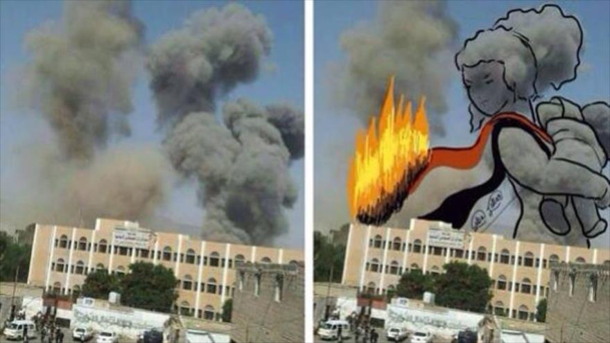 Una madre rescatando a su niño del fuego con la bandera de Yemen sobre sus hombros: la iniciativa de la artista yemení Saba Jallas.