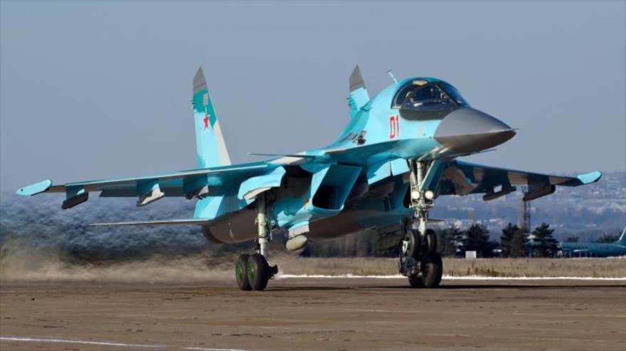 Avión de combate Su-34, utilizado por Rusia en sus bombardeos contra el grupo terrorista EIIL (Daesh en árabe) en Siria.