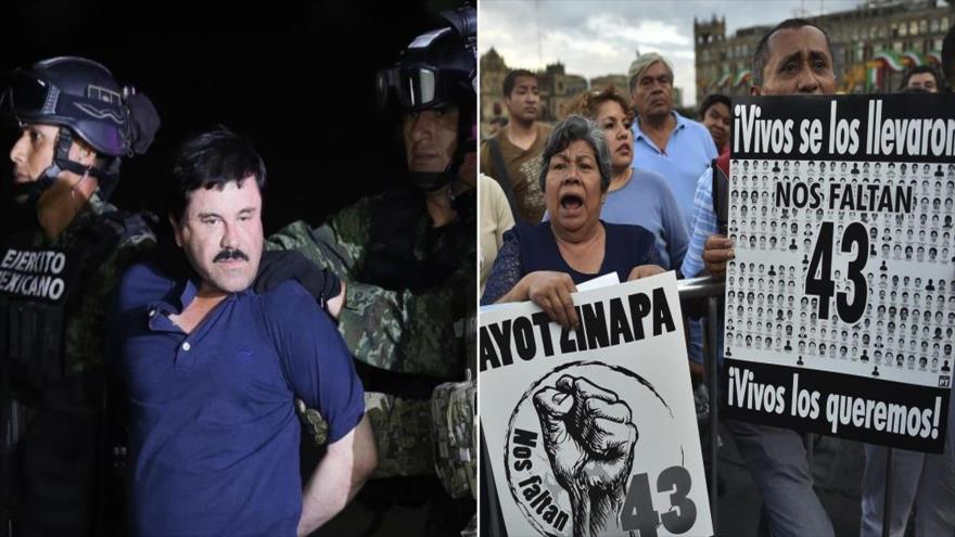 La imagen de la izquierda muestra al narcotraficante Joaquín “El Chapo” Guzmán y la de la derecha una manifestación de los padres de los 43 estudiantes desaparecidos de Ayotzinapa.