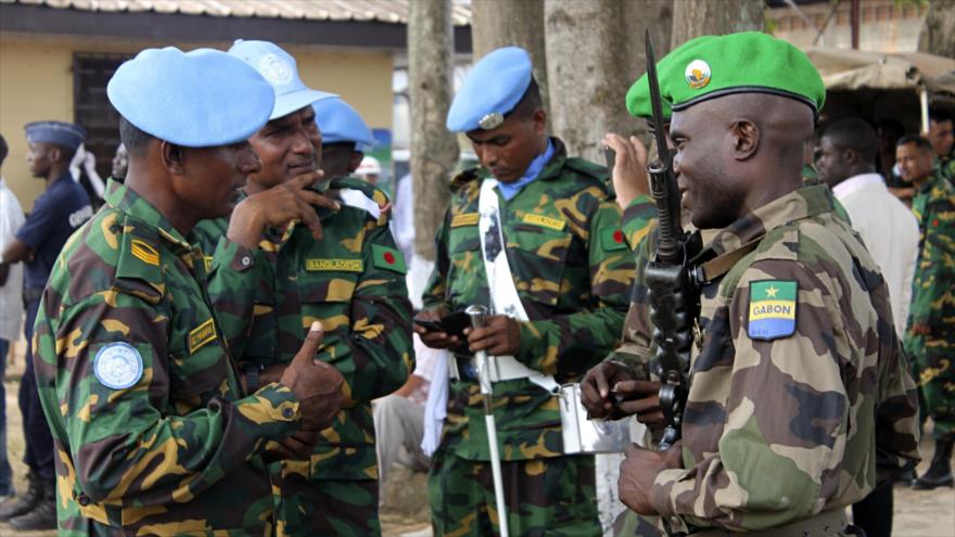 Fuerzas de mantenimiento de paz de las Naciones Unidas (cascos azules) en República Centroafricana.