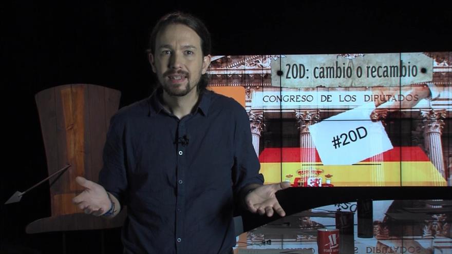 El líder del Partido Podemos, Pablo Iglesias, durante su presentación en el programa Fort Apache en HispanTV.